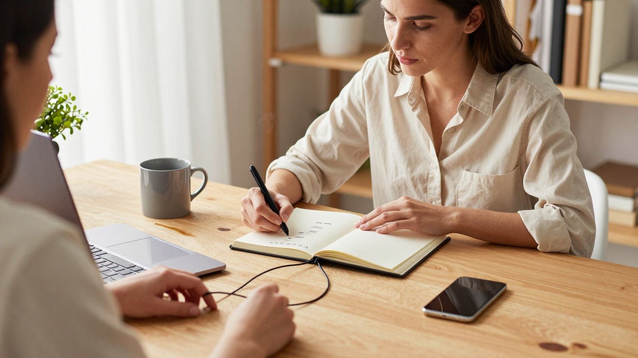 Mujer escribiendo en un cuaderno en una mesa con portátil, móvil y taza, mientras otra persona la observa.