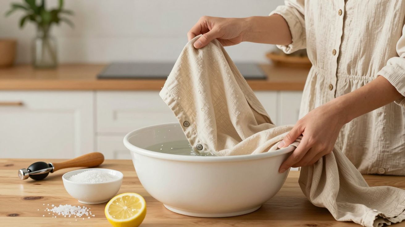 Persona lavando una prenda beige en un cuenco blanco en la cocina, con un limón partido y sal en la encimera.
