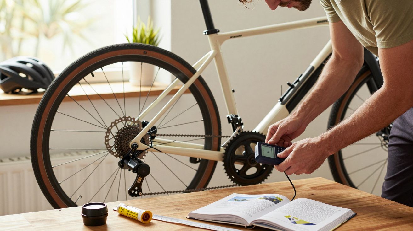 Hombre revisa bicicleta blanca con herramienta digital sobre mesa de madera que tiene libros y herramientas.